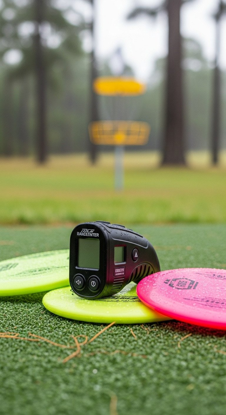 Black Disc Golf Rangefinder And Mini-Marker Disc On A Dewy Green Putting Surface. Neon Yellow Putter And Pink Driver In Soft Morning Light.
