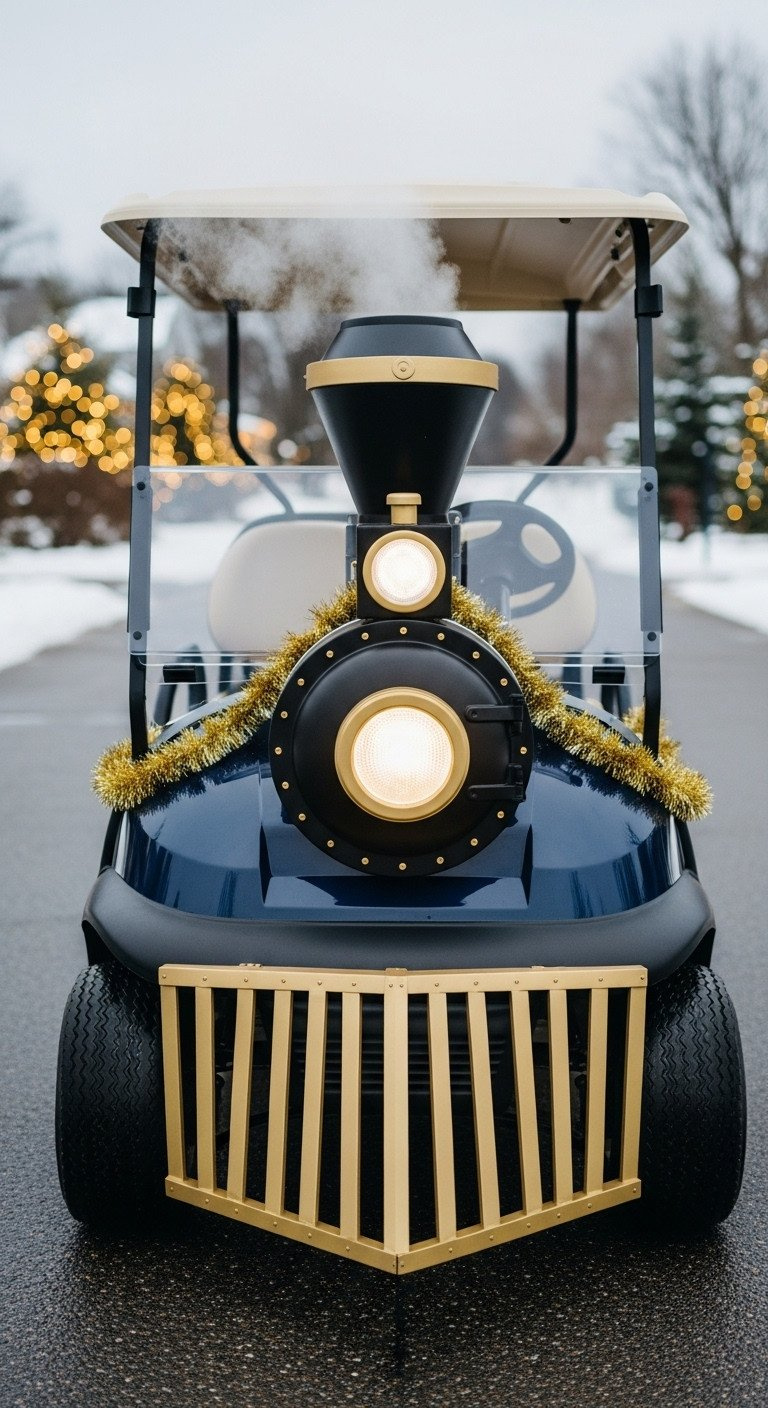 11 Genius Golf Cart Decorating Ideas To Win Every Contest Black &Amp; Gold Christmas Train Golf Cart, Led Headlight, Cowcatcher, Gold Tinsel, Steam, Snowy Street. Festive.