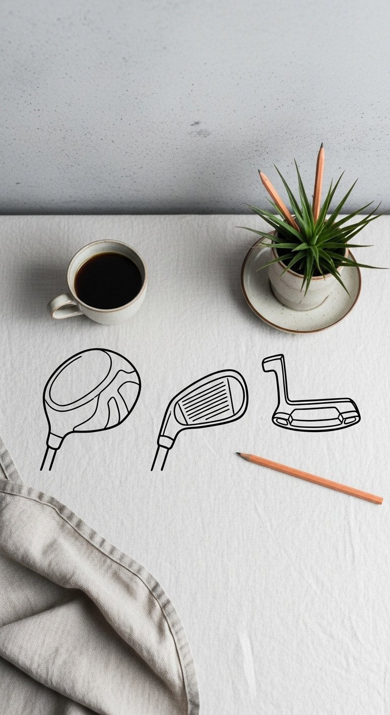 Black Line Art Golf Club Doodles: Driver, Iron, Putter, On A Pale Linen Tablecloth With Coffee And A Graphite Pencil.