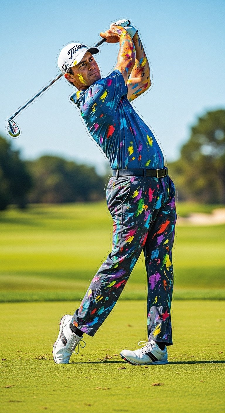 Bold Expressionist Golf Art Depicting Golfer Mid-Swing With Vibrant Colors, Dramatic Lines, And Visible Brushstrokes.
