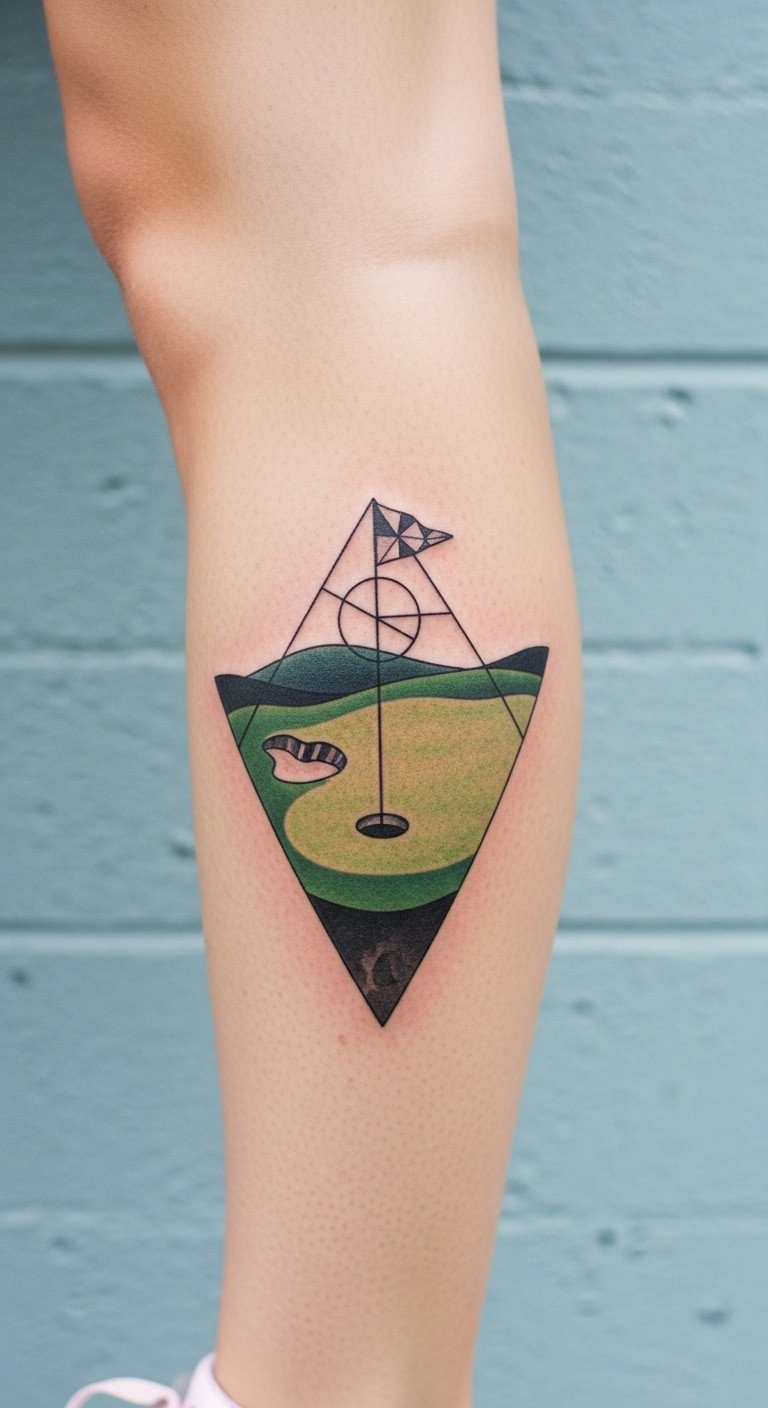 Bold Geometric Blackwork Golf Course Hole Tattoo On Calf, Abstract Lines, Triangles, Circles, Negative Space. Elegant Grays.