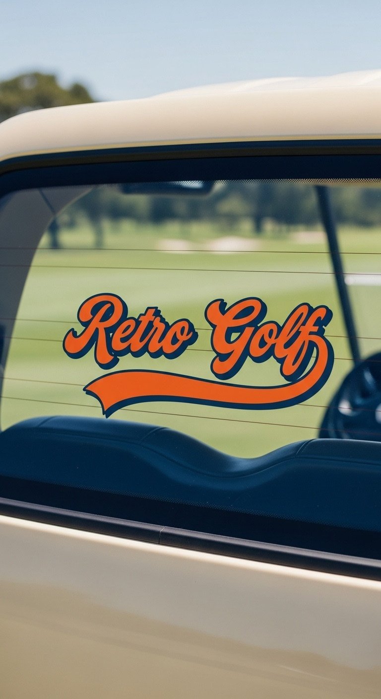Bold Orange, Navy Vintage Golf Slogan Vinyl Decal On Glossy Golf Cart Window. Sunny Golf Course.