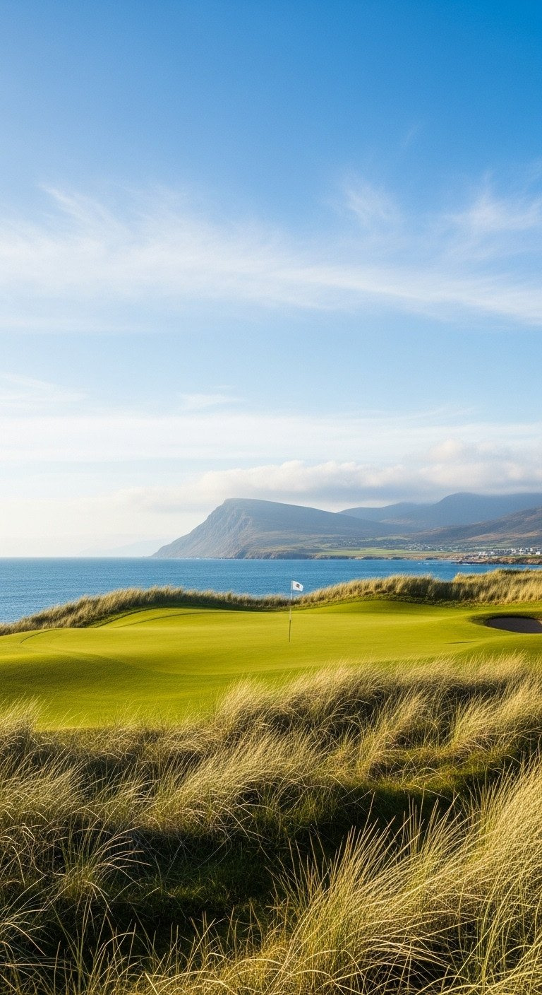 Breathtaking Iconic 18Th Hole At A World-Class Coastal Golf Course With Sweeping Landscape And Distant Flagstick.