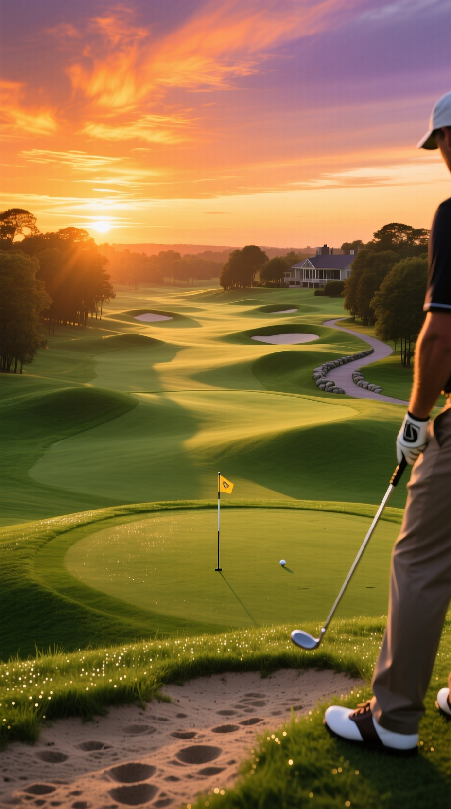 11 Golf Sunset Aesthetic Ideas For Breathtaking Photos Breathtaking View From An Elevated Tee Box, Looking Down A Long, Rolling Golf Fairway Towards A Spectacular Sunset.