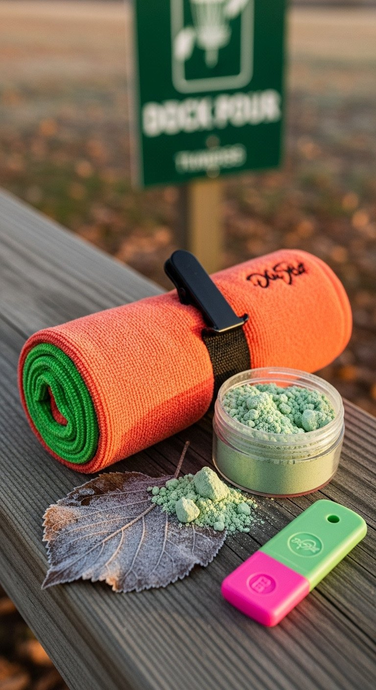 Bright Disc Golf Towel With Clip And Grip Powder On A Weathered Wooden Course Bench, With Frosty Leaf And Mini-Marker.
