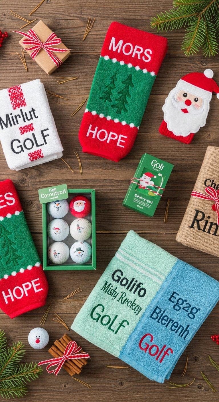 Budget-Friendly Golf Prizes: Novelty Balls, Festive Headcovers, Towels On A Rustic Table With Pine Needles.