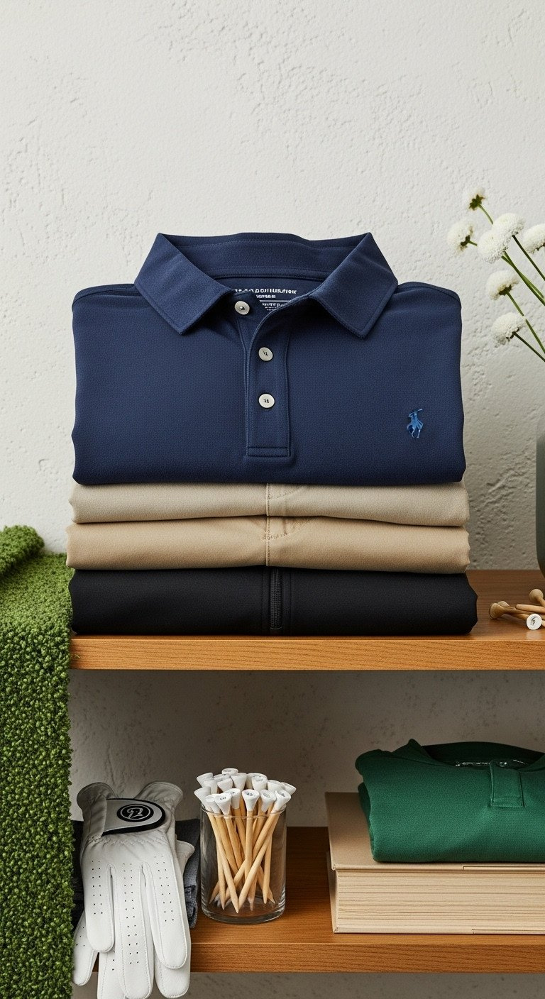 Budget Men'S Golf Apparel: Navy Polo, Khaki Shorts, Black Quarter-Zip, Neatly Folded. White Golf Glove, Tees, Classic Style.