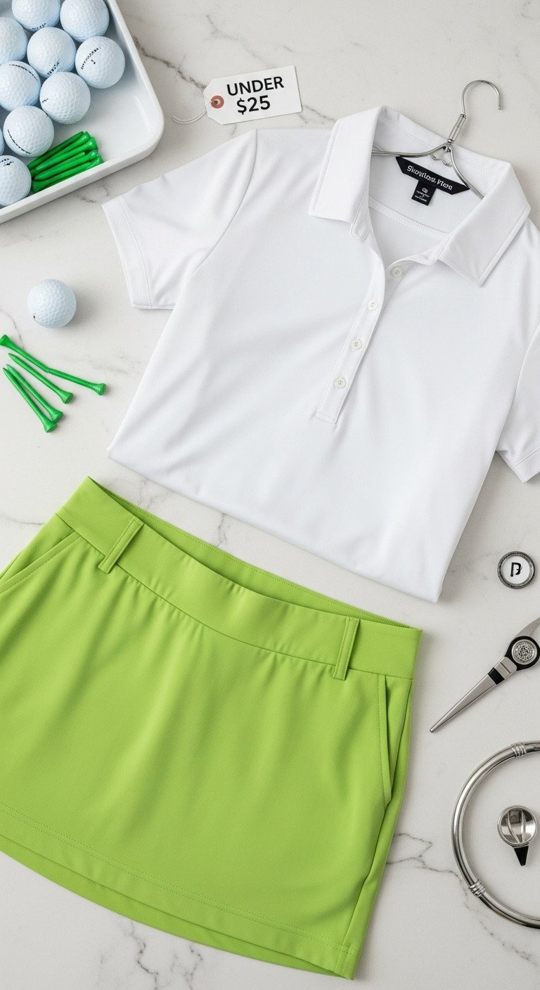 Budget-Savvy Women'S Golf Outfit: Lime Green Skort, White Polo, 'Under $25' Tags, Silver Ball Marker On Marble Counter.