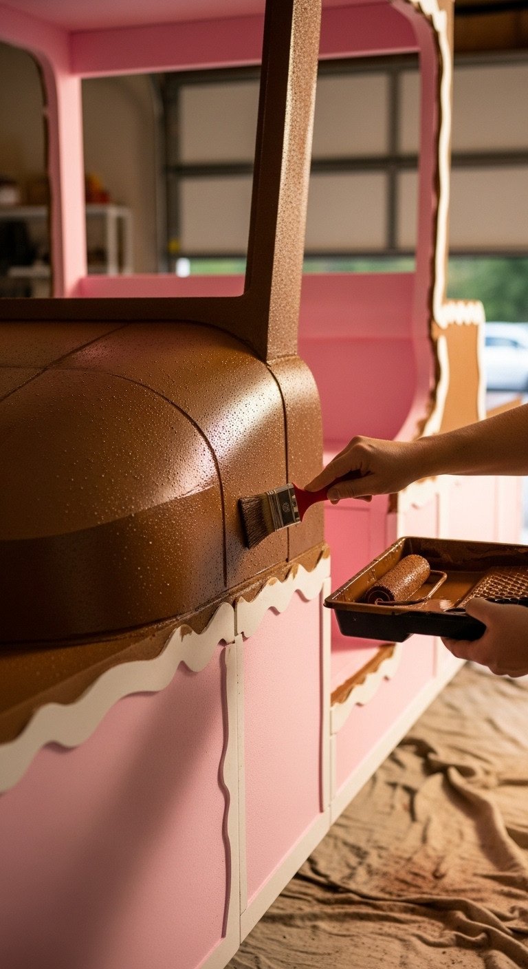 Builder Applies Deep Brown Textured Paint With A Wide Brush Onto Pink Foam Board Cladding For A Gingerbread Golf Cart Float Base Coat.