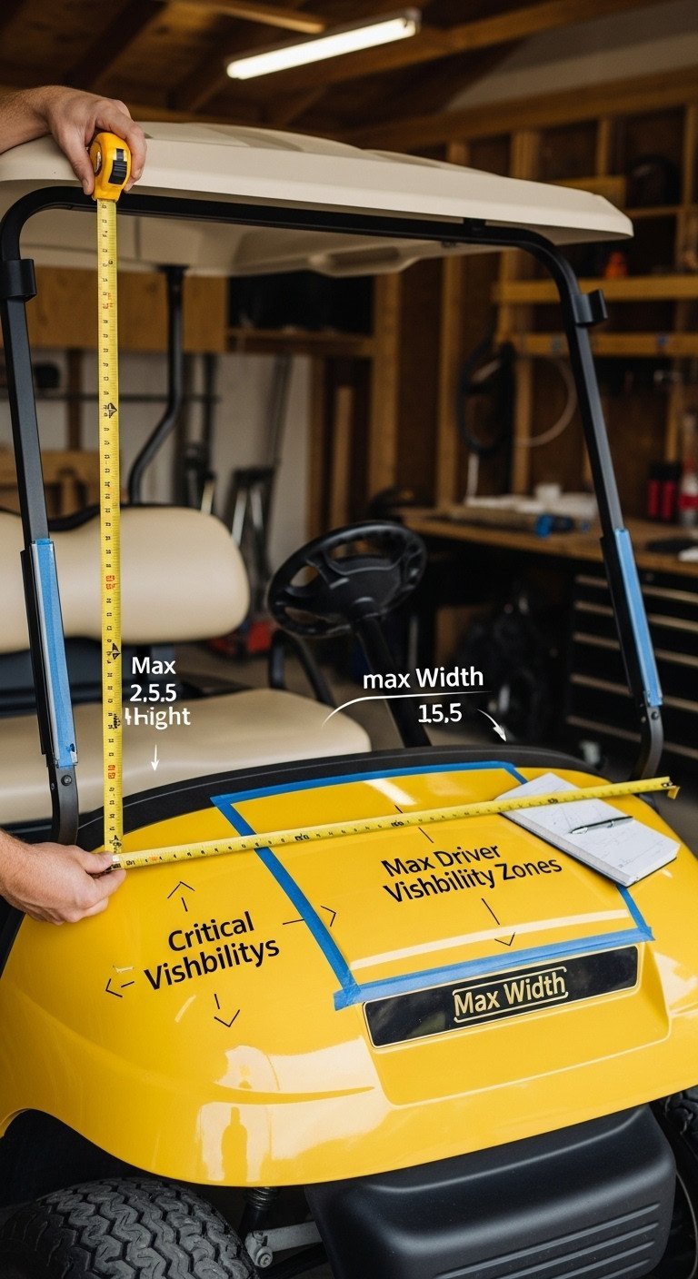 Builder Meticulously Measures A Golf Cart'S Hood And Roof Supports With A Yellow Tape Measure, Marked With Blue Tape For Custom Build Dimensions In A Bright Workshop.