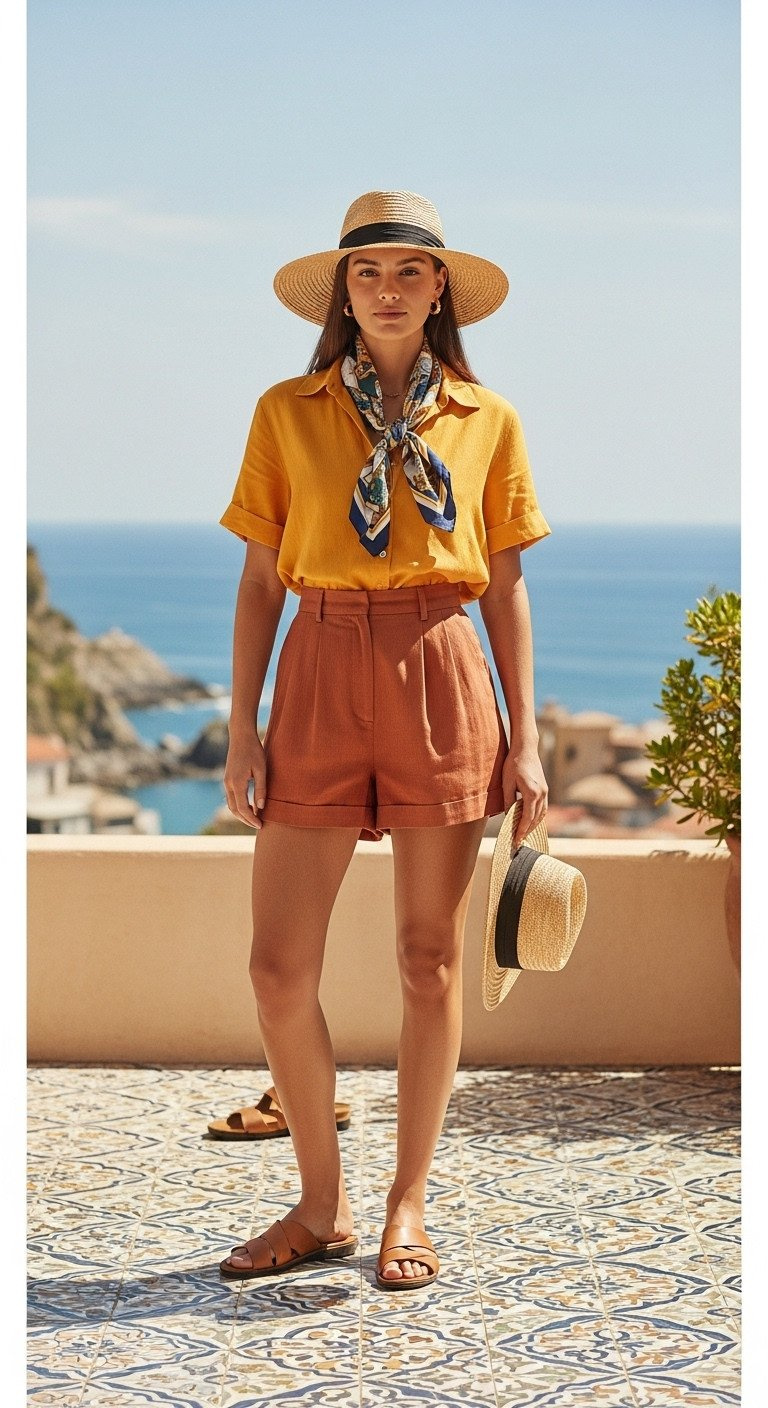 Golf Le Fleur Aesthetic Pillars Style Guide And Outfit Lookbook Butter Yellow Linen Resort Wear Set: Shirt, High-Waisted Shorts, Patterned Silk Scarf. Mediterranean Terrace.