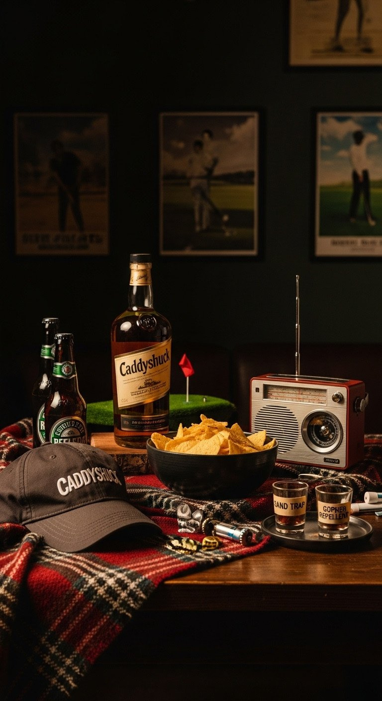 9 Genius Golf Birthday Party Ideas For Kids And Adults Caddyshack-Themed Adult Golf Party With Vintage Plaid, Chips And Dip, Retro Radio, And Warm Lighting.