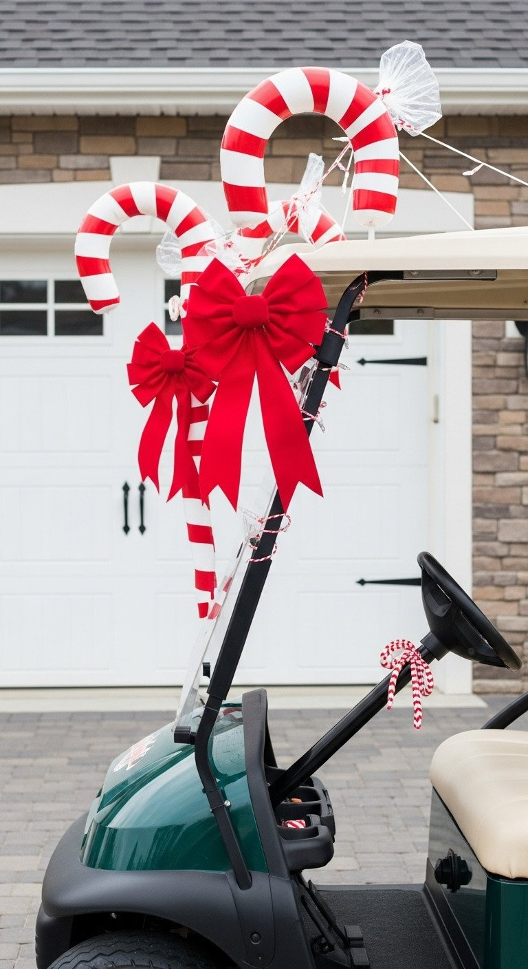 9 Genius Golf Cart Decorating Ideas Structural Pvc Guide Candy Cane Express Golf Cart: Red And White Striped Supports, Large Red Bows, White Lights, Candy Accents. Festive Christmas Decor.