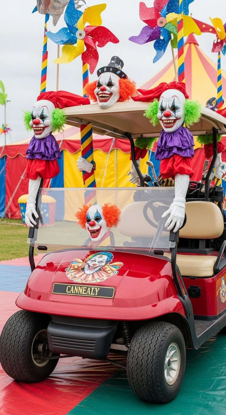 Carnival Of Clowns Golf Cart With Funhouse Mirrors, Striped Poles, Eerie Clown Masks, And Colorful Circus Props.