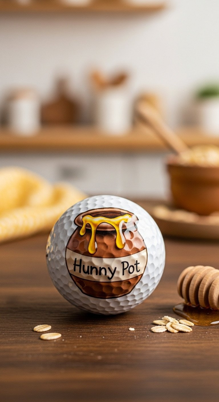 Charming Diy Winnie The Pooh 'Hunny Pot' Golf Ball With Dripping Honey, Displayed On A Rustic Wood Table With A Dipper.