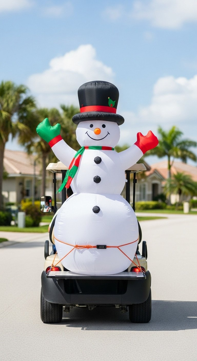11 Non Damaging Golf Cart Christmas Ideas And Wiring Hacks Cheerful Inflatable Snowman Secured In The Rear Of A Moving Golf Cart On A Sunny Street With Blurred Palm Trees.