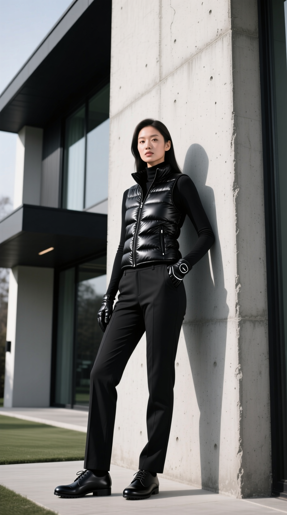 9 Genius Winter Golf Aesthetic Outfits To Look Chic Not Bulky Chic Female Golfer In A Layered, All-Black Winter Outfit With An Insulated Vest And Technical Trousers At A Modern Clubhouse.
