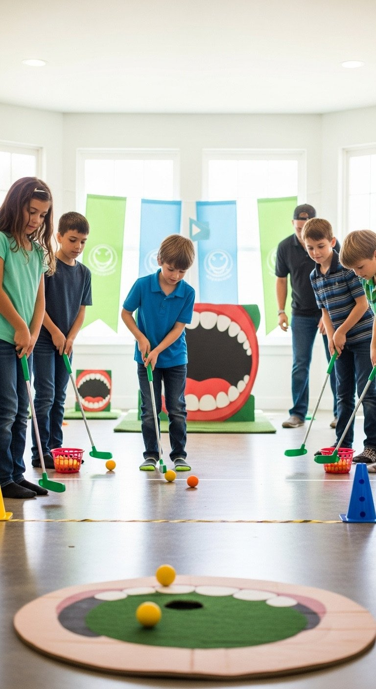 9 Genius Golf Birthday Party Ideas For Kids And Adults Children Playing An Indoor Golf Party Game, Tapping Foam Balls Towards A Colorful Cardboard Hole, With An Adult Supervisor.