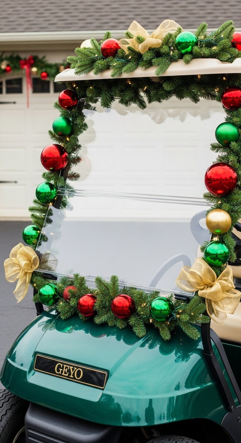 Christmas Golf Cart With Classic Pine Garland, Oversized Red, Green, Gold Ornaments, And Led Mini-Lights.