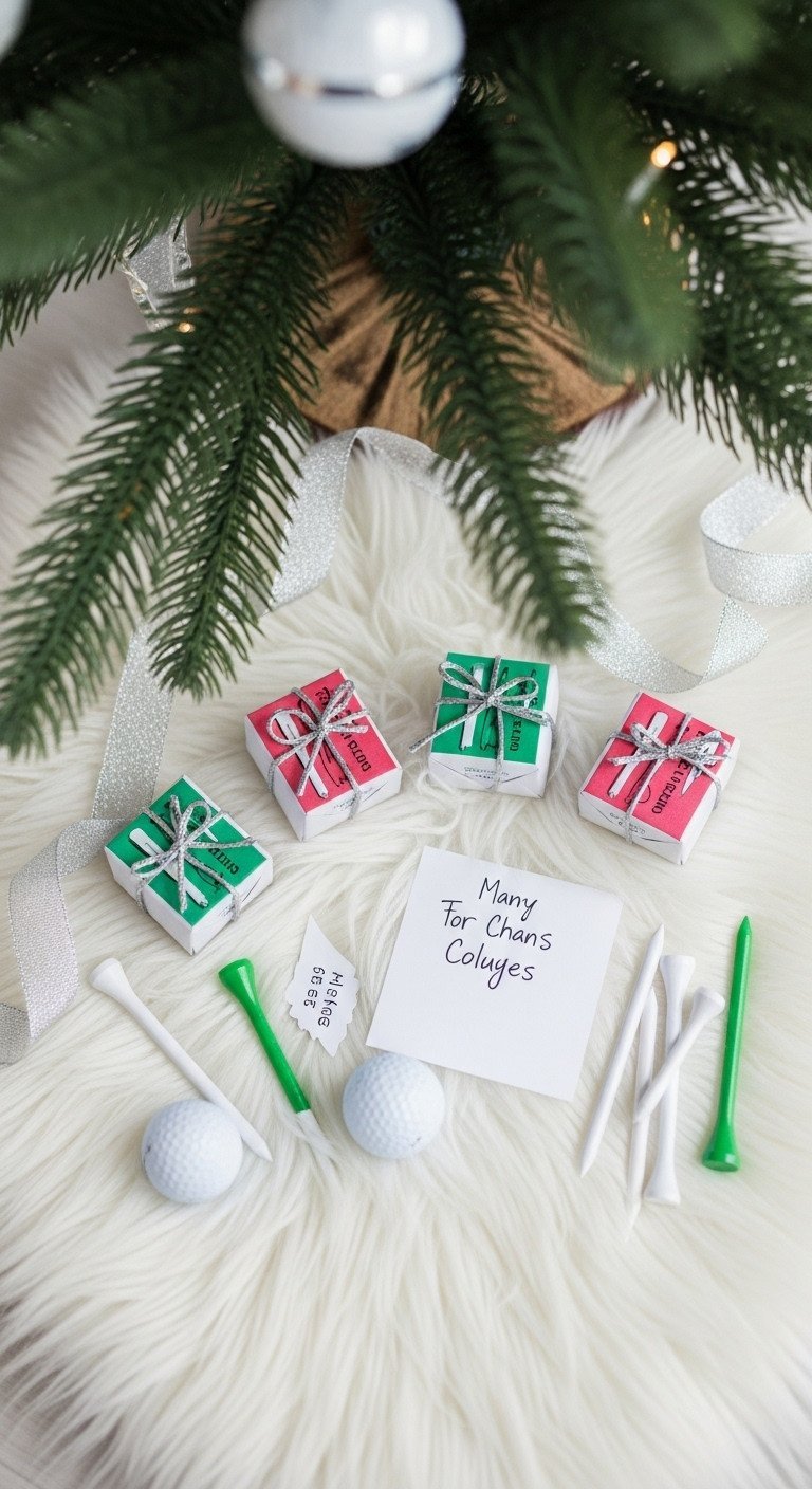Christmas Golf Scavenger Hunt Gifts, Small Wrapped Cubes With Clue Cards, Golf Tees On White Fur Rug, Blurred Tree.