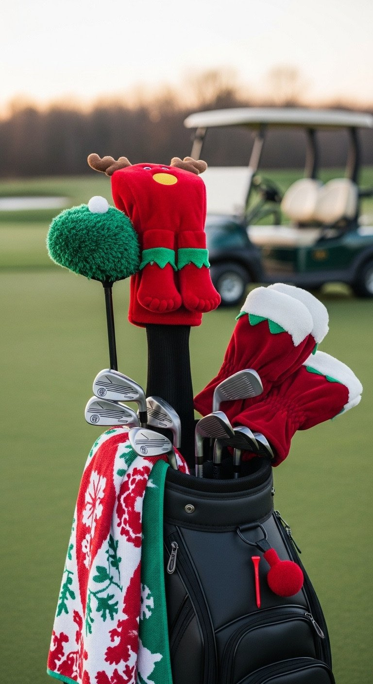 Christmas-Themed Golf Headcover, Insulated Festive Mitts, And Golf Bag On A Practice Green With Winter Foliage.
