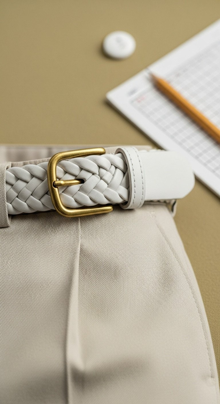 Chunky Braided White Leather 80S Golf Belt With A Brass Buckle Over Pleated Trousers, Scorecard Background, Showcasing Vintage Golf Style.