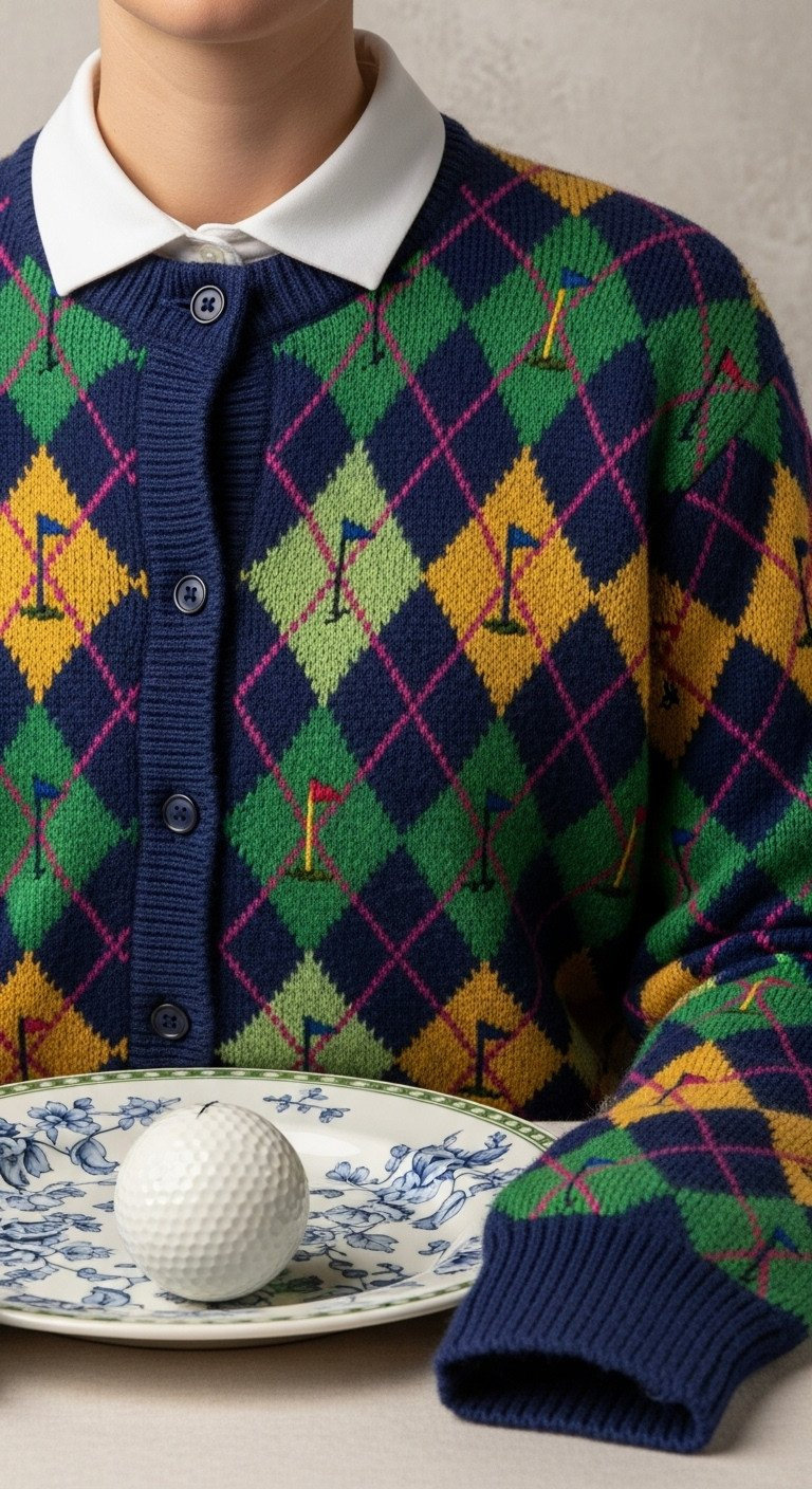 Clashy Retro Argyle Cardigan With Lime Green, Mustard Yellow, Magenta, And Embroidered Golf Motifs. Close-Up On Vintage Ceramic Plate.