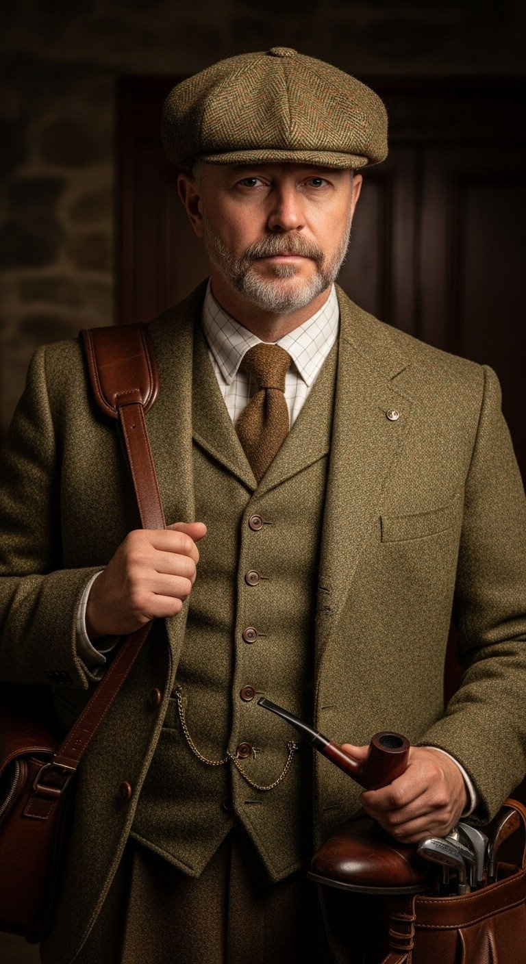 Classic Golf Caddie In White Polo, Khaki Shorts, Numbered Bib, And Caddie Hat, On A Manicured Green Golf Course Fairway.