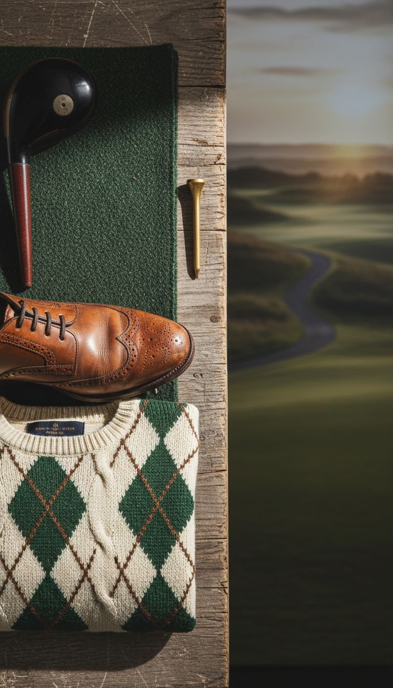 Golf Aesthetic Mood Board Ideas To Define Your Style Classic Heritage Golf Aesthetic Flat Lay With Green Tweed, A Vintage Leather Shoe, And A Cream Argyle Sweater On A Wood Table.