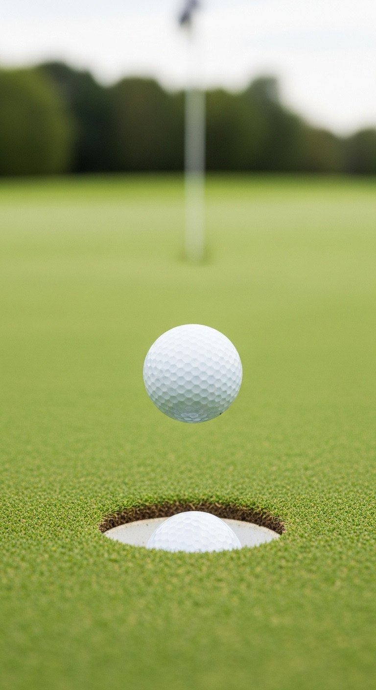 Clean Golf Ball Dropping Precisely Into The Cup On An Immaculate Putting Green, Signifying A Perfect Putt And Golf Success.