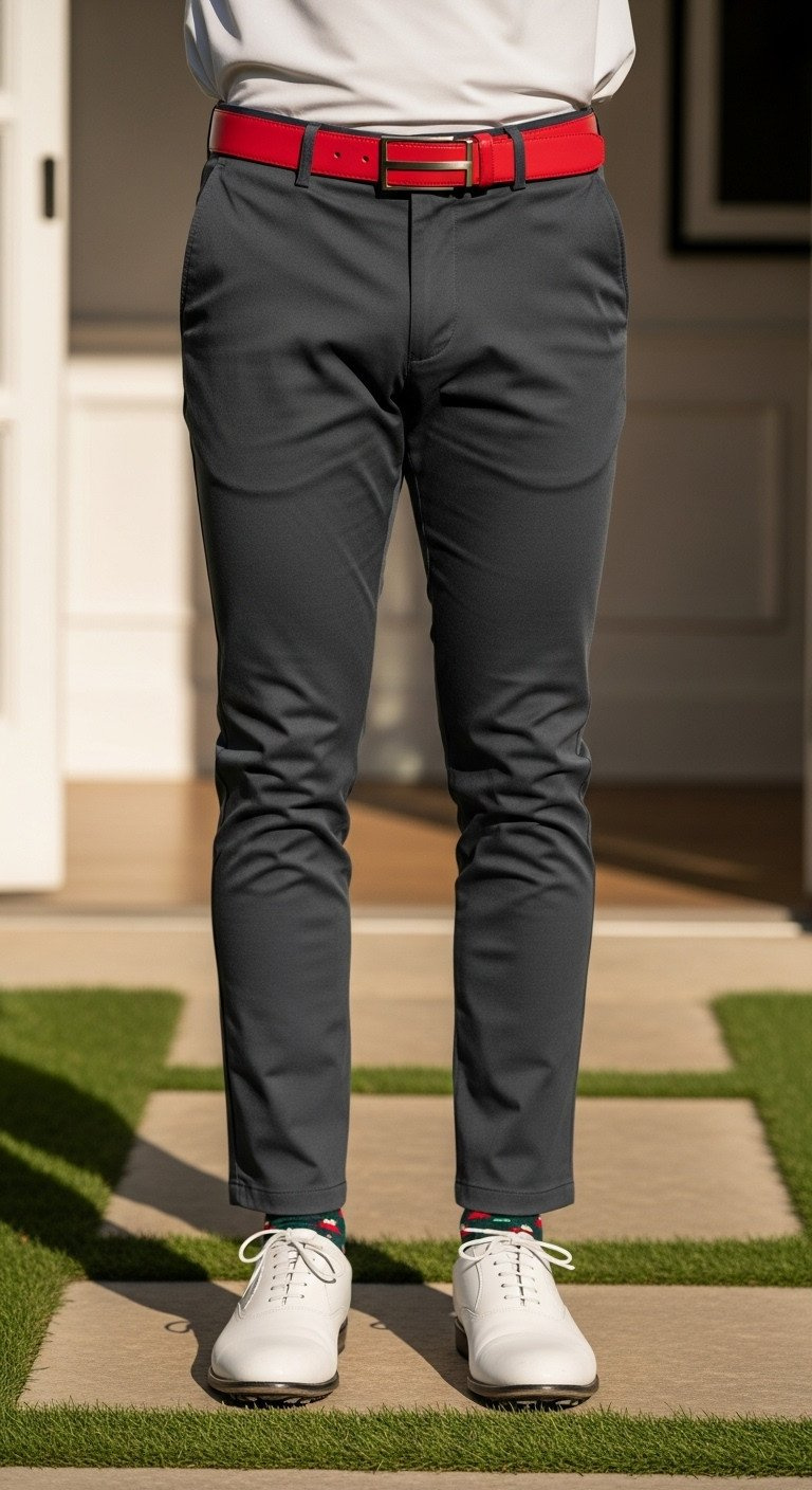 Close-Up: Sophisticated Golfer In Charcoal Pants, White Polo, Vibrant Red Belt, Festive Patterned Golf Socks.
