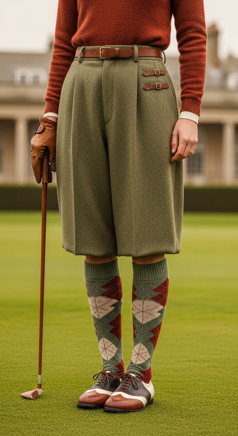 Close-Up Of 1920S Women'S Vintage Golf Outfit: Tweed Knickers With Buckles, Argyle Socks, Two-Toned Saddle Shoes On Fairway. Classic Golf Fashion.