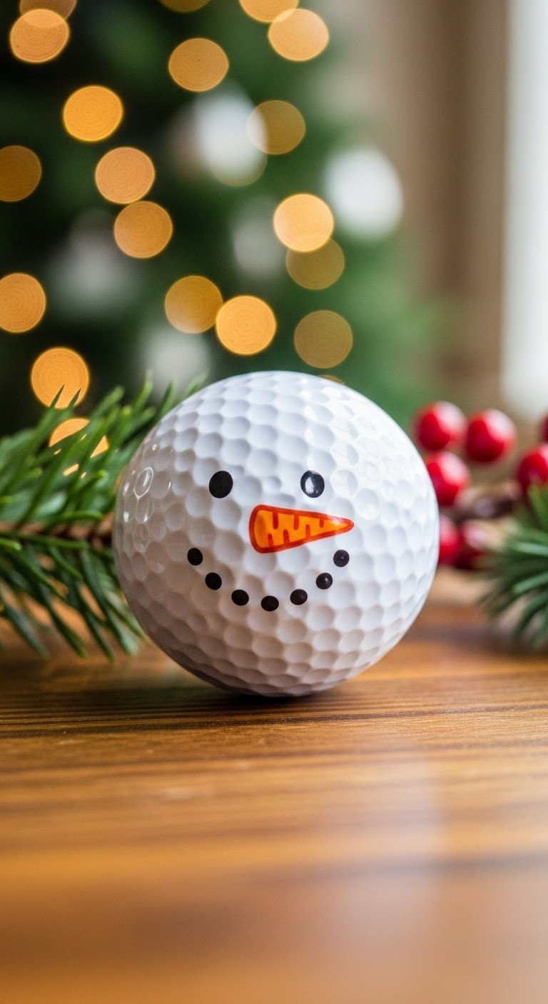 Close-Up Of A Diy Christmas Ornament Made From A Golf Ball With A Cute, Hand-Drawn Snowman Face On A Rustic Wood Table.