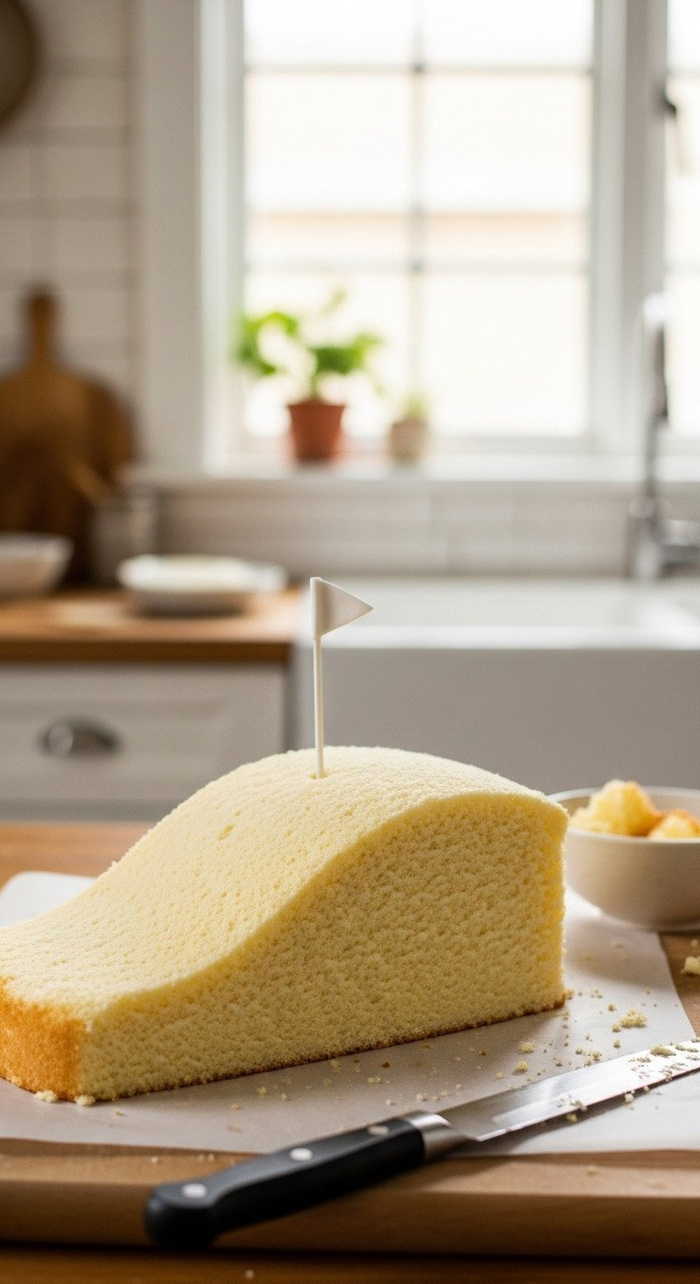 Golf Cake Piping Secrets For Structural Stability Guide Close-Up Of A Carved Cake Base Shaped Like A Rolling Hill Or Golf Mound, Ready For Crumb Coat, On Parchment Paper With Knife.
