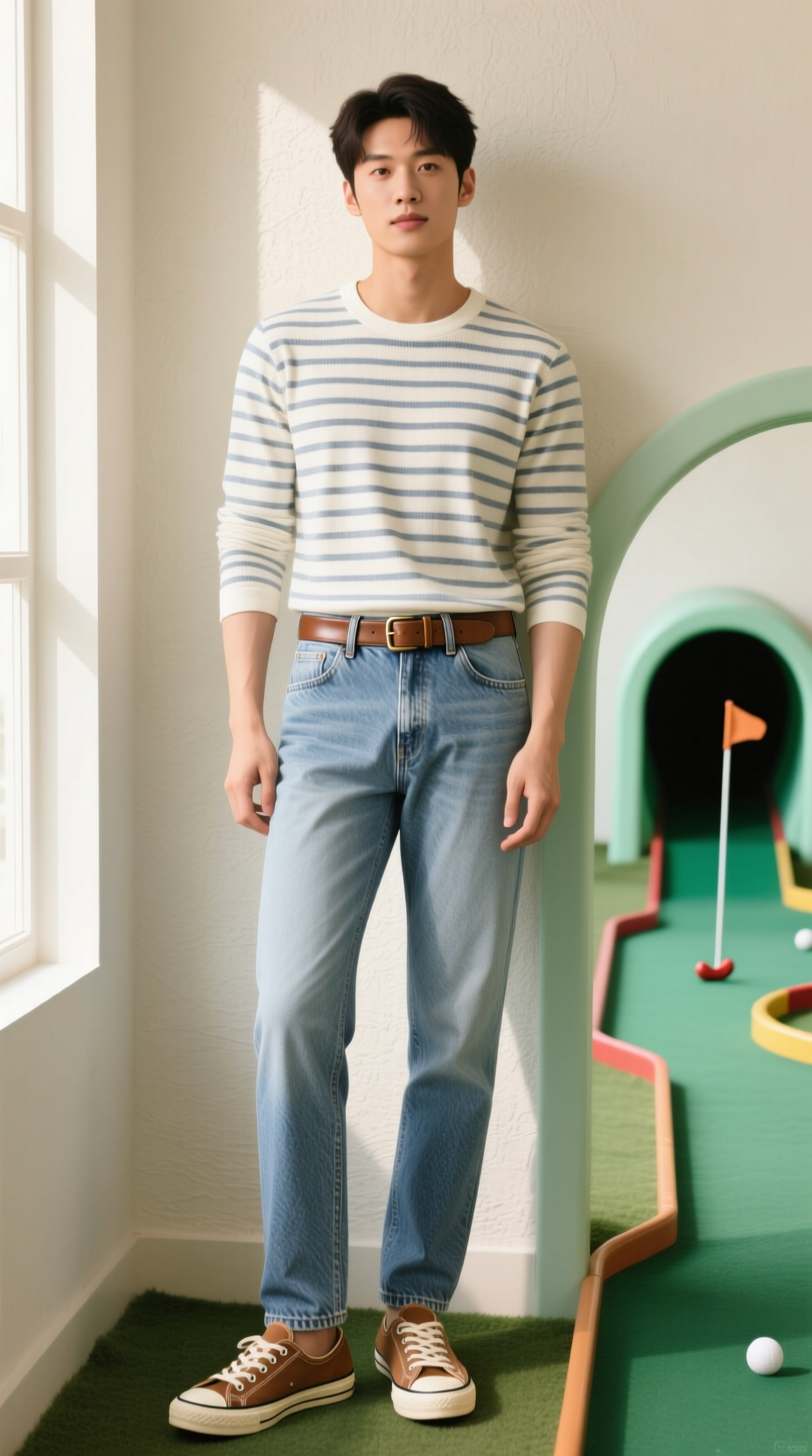 Close-Up Of A Casual Mini Golf Date Outfit With A Striped Boatneck Shirt, Light-Wash Jeans, And A Brown Leather Belt.