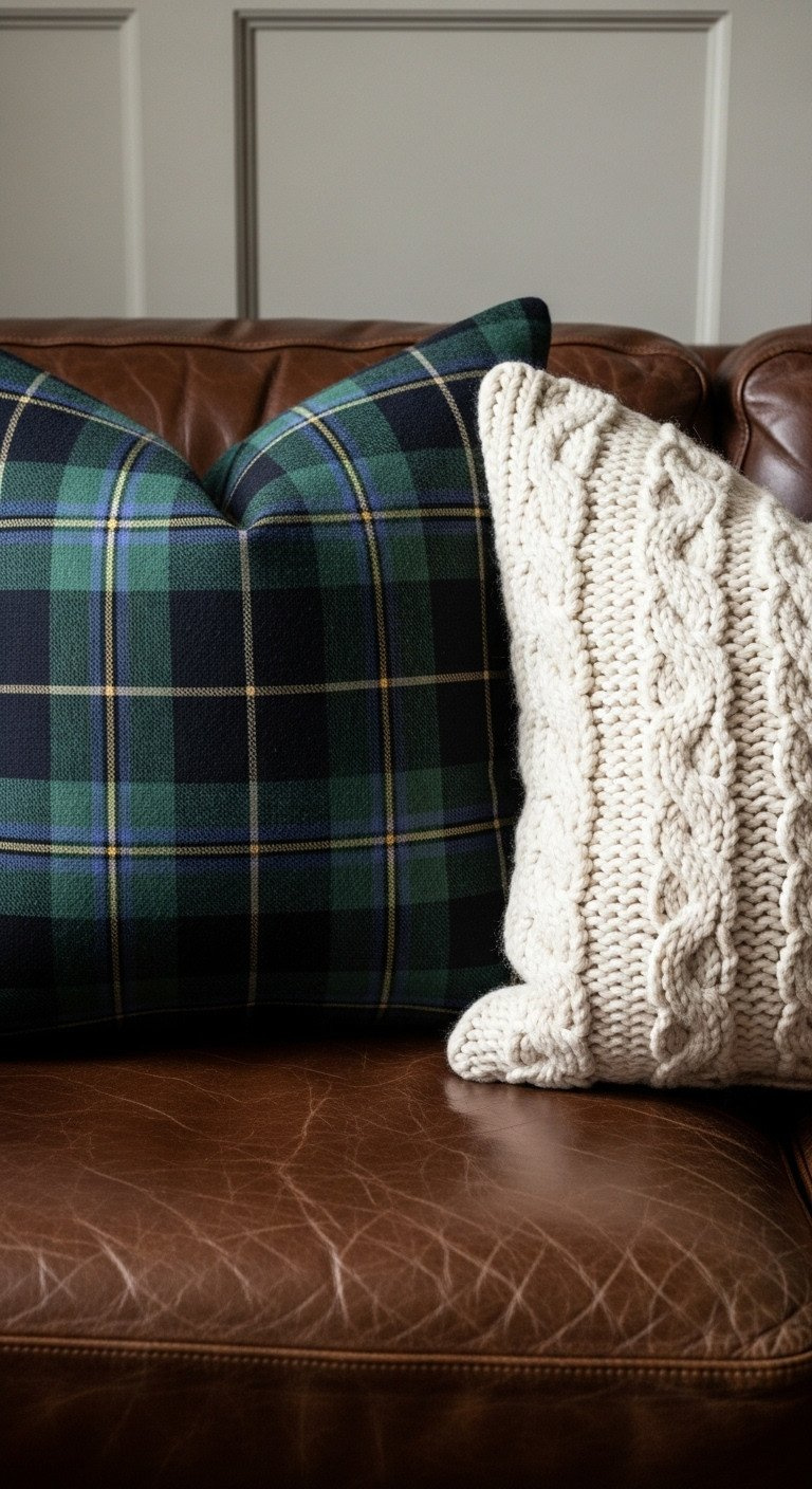 Close-Up Of A Cozy Tartan Plaid Pillow And A Cream Chunky Knit Throw Pillow On A Rich Dark Brown Leather Sofa.
