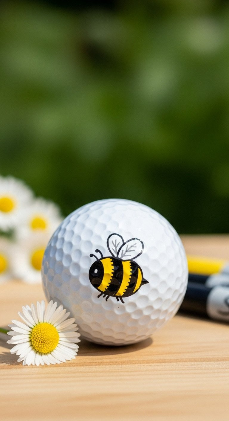 Close-Up Of A Cute Bumble Bee Doodle Drawn On A White Golf Ball, Resting On A Wood Surface With A Daisy In The Background.