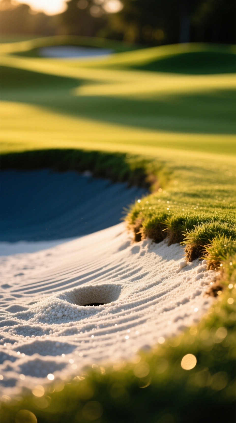 11 Golf Sunset Aesthetic Ideas For Breathtaking Photos Close-Up Of A Deep Golf Bunker Showing The Texture Of Raked White Sand, Lit By A Warm Golden Sunset On One Side.