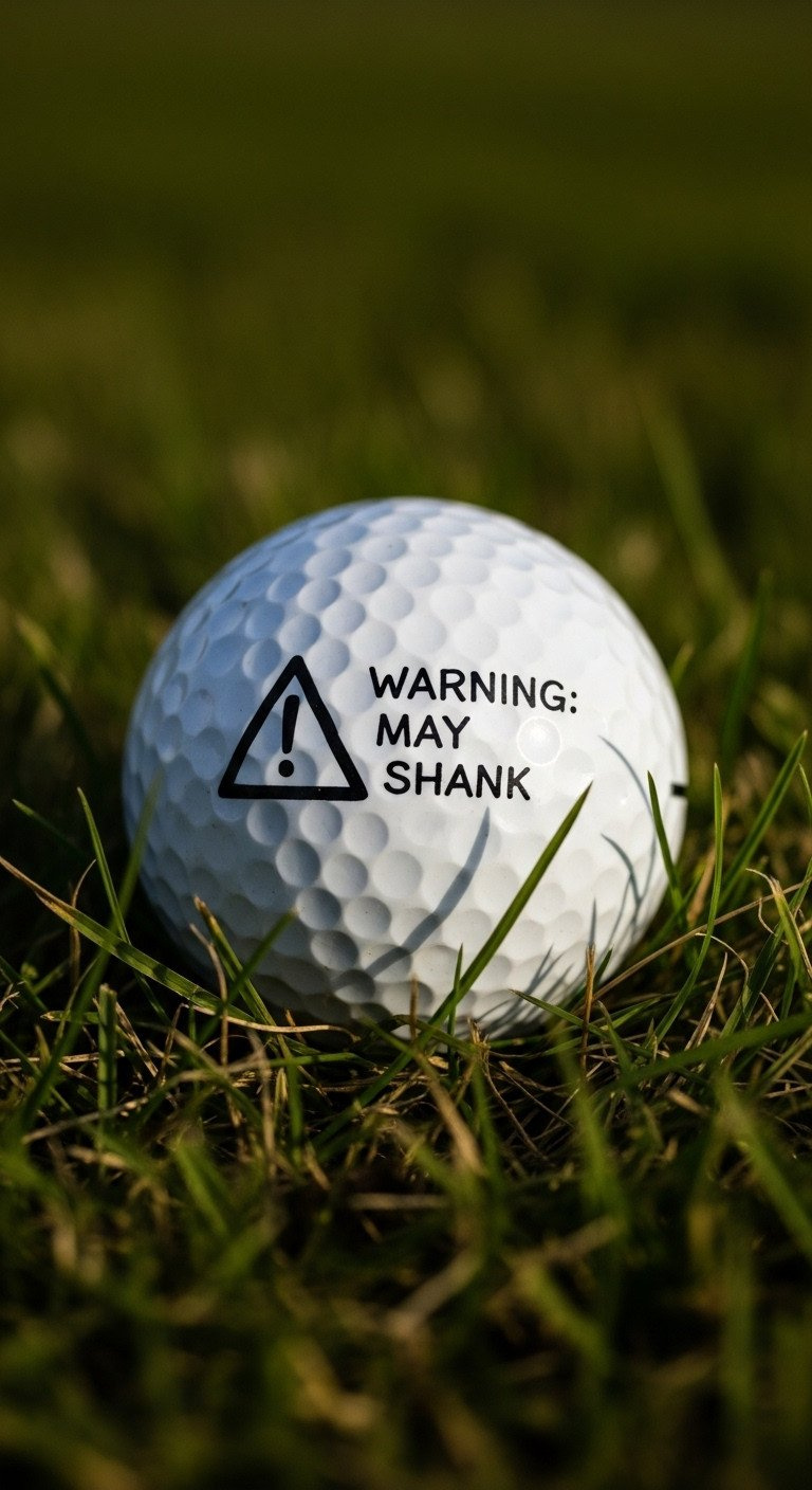 Close-Up Of A Golf Ball In Thick Rough Grass With A Hand-Drawn Warning Sign And The Funny Phrase 'Warning: May Shank'.