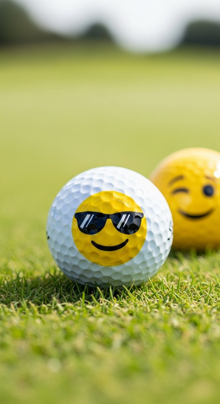 13 Cool Sharpie Golf Ball Designs With Step By Step Tips Close-Up Of A Golf Ball On A Green With The Yellow 'Face With Sunglasses' Emoji Drawn On It Using A Black Sharpie.