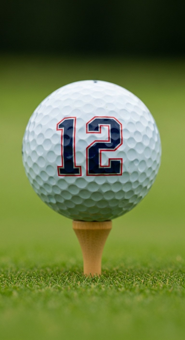 Close-Up Of A Golf Ball Teed Up On A Green Fairway, Featuring A Hand-Drawn Jersey Number '12' In Navy And Silver.