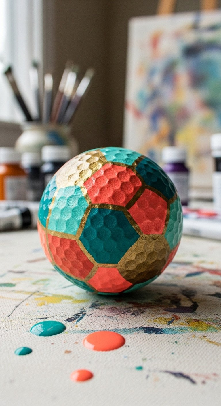 Close-Up Of A Golf Ball With A Diy Abstract Art Design Of Teal, Coral, And Gold Color Blocks Painted With Sharpie Markers.