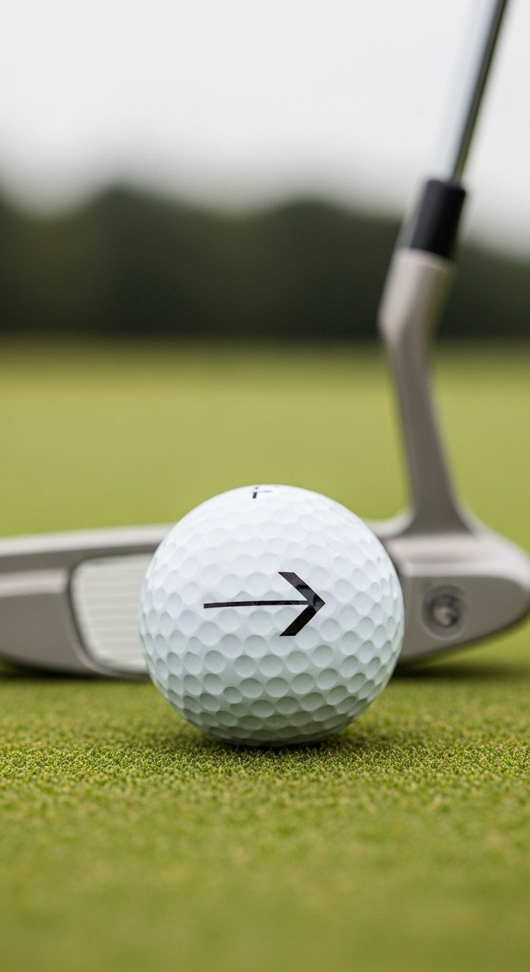 Close-Up Of A Golf Ball With A Black Arrow Alignment Aid, Sitting On A Putting Green With A Soft-Focus Putter Nearby.