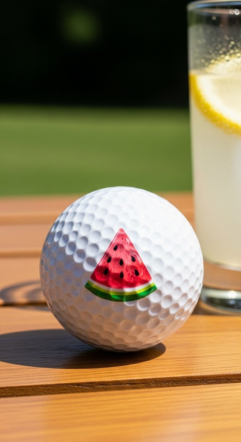Close-Up Of A Golf Ball With A Fun Hand-Drawn Watermelon Slice Design, Sitting On A Wood Picnic Table In The Sun.