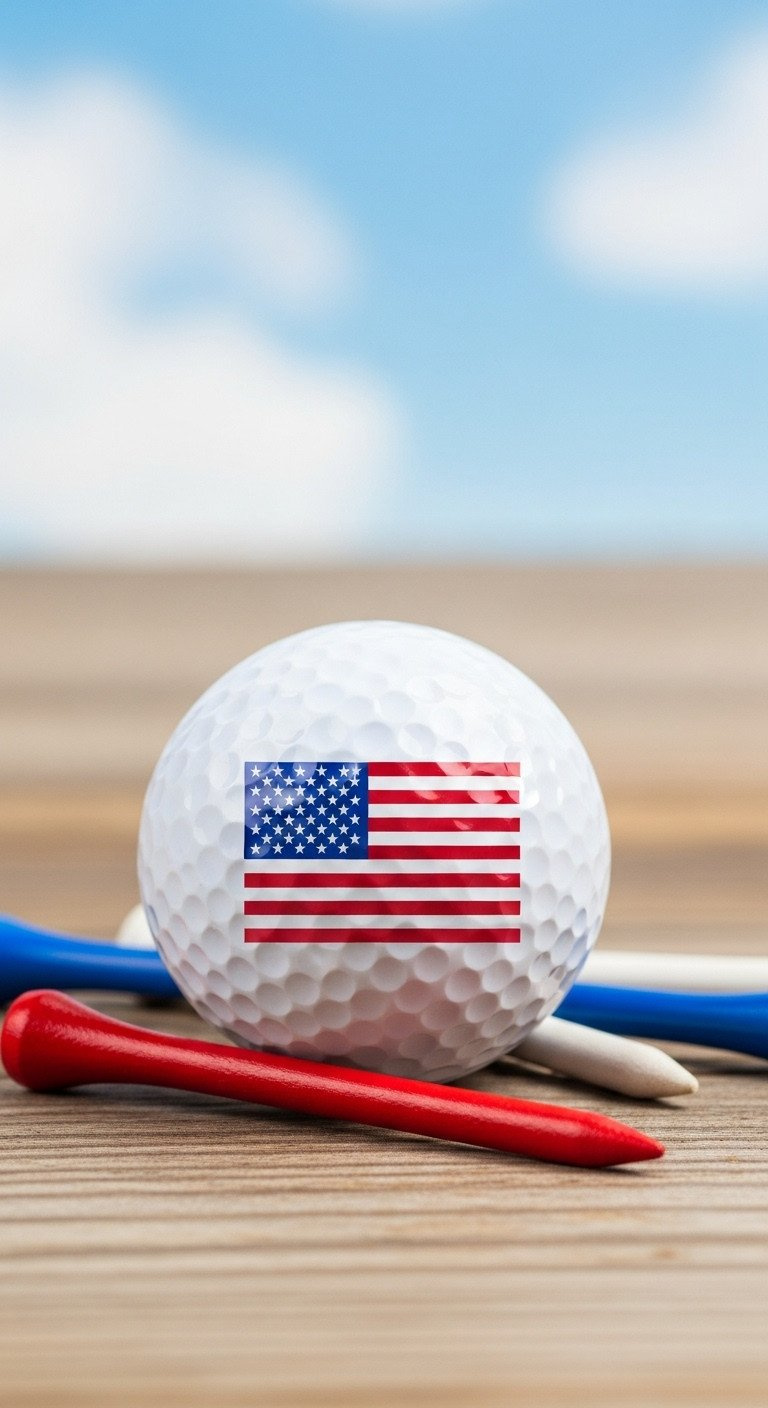 Close-Up Of A Golf Ball With A Hand-Drawn American Flag, On A Wood Surface With Red, White, And Blue Golf Tees Nearby.