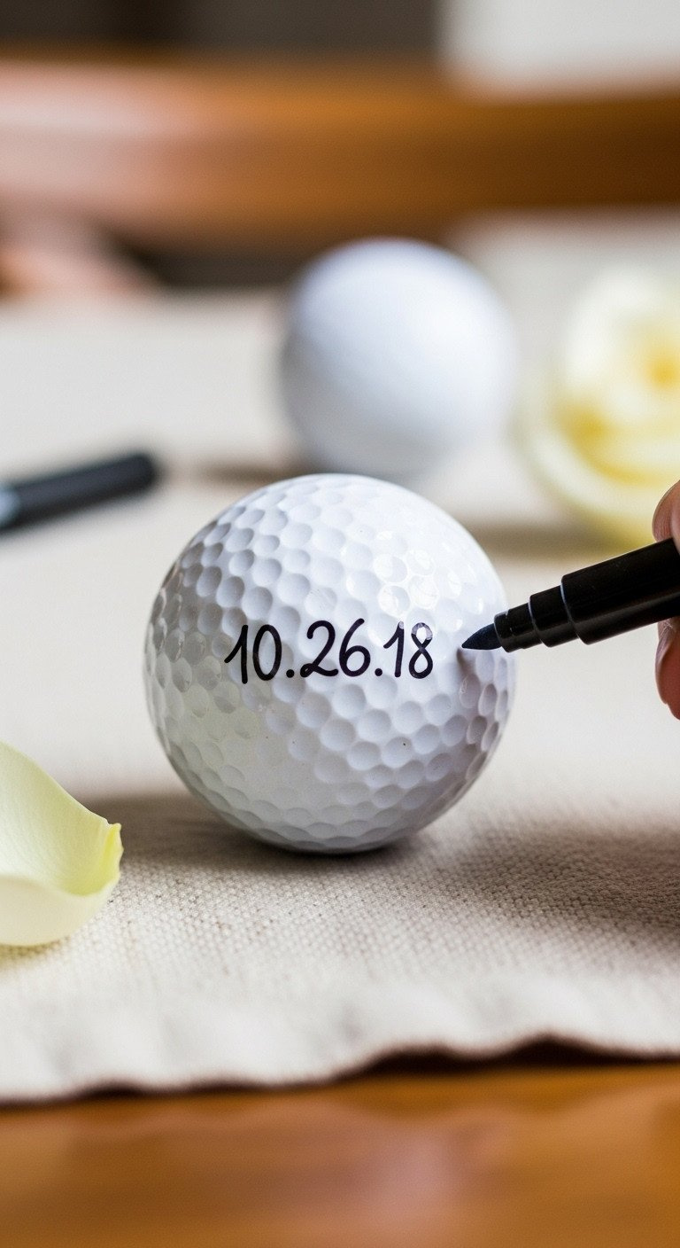 Close-Up Of A Golf Ball With A Hand-Drawn Anniversary Date In Black Script, A Romantic Diy Gift On A Linen Surface.