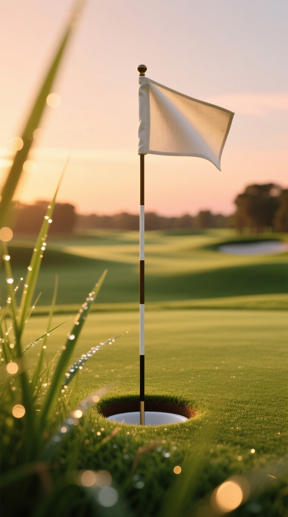 11 Golf Sunset Aesthetic Ideas For Breathtaking Photos Close-Up Of A Golf Flagstick In The Cup On A Putting Green, Illuminated By The Warm, Golden Light Of A Setting Sun.