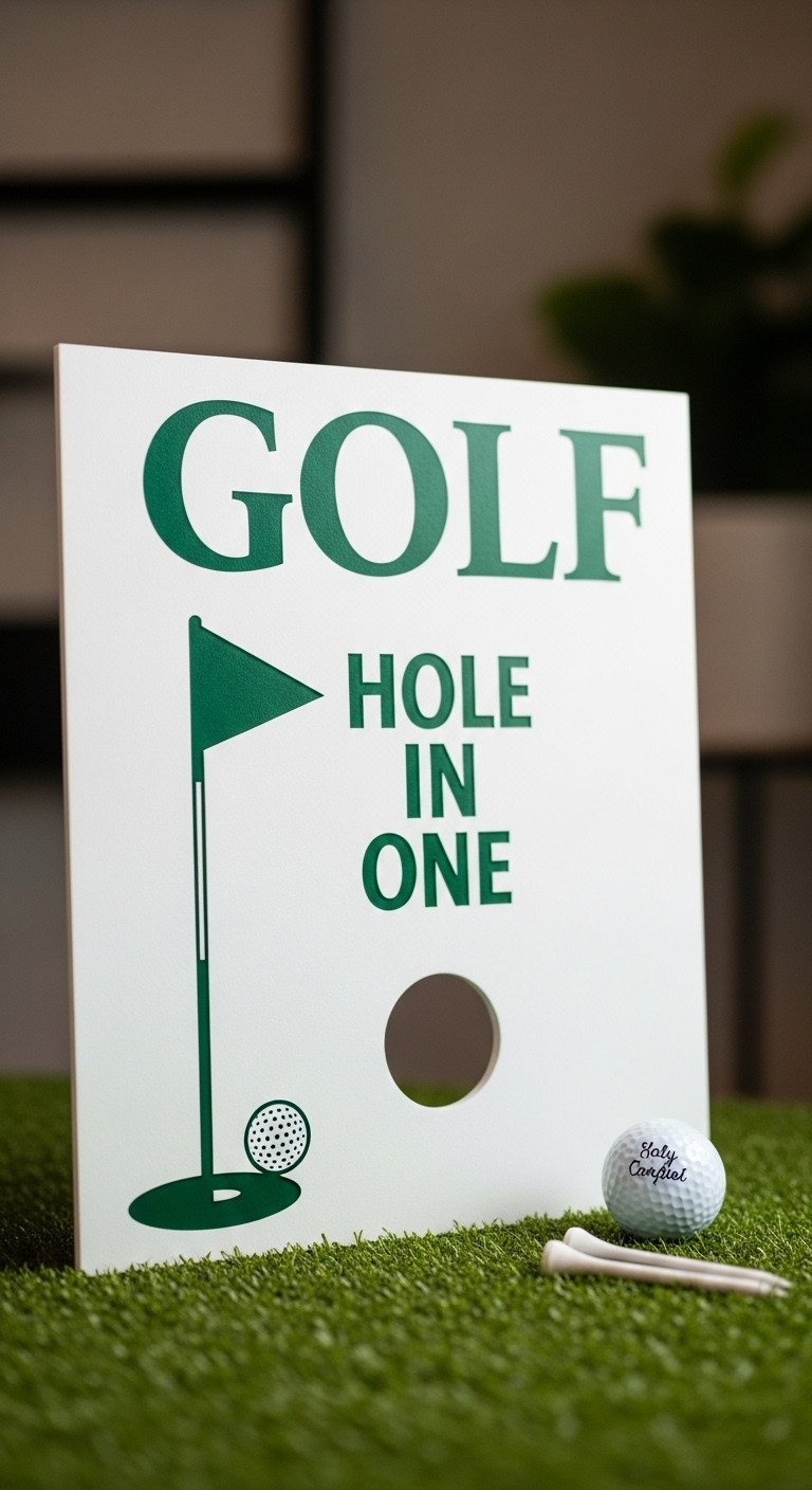Close-Up Of A Golf Proposal Sign For A 'Hole In One' Engagement, White Foam Core, Dark Green Header, Next To A Golf Ball And Flag Pin On Turf.