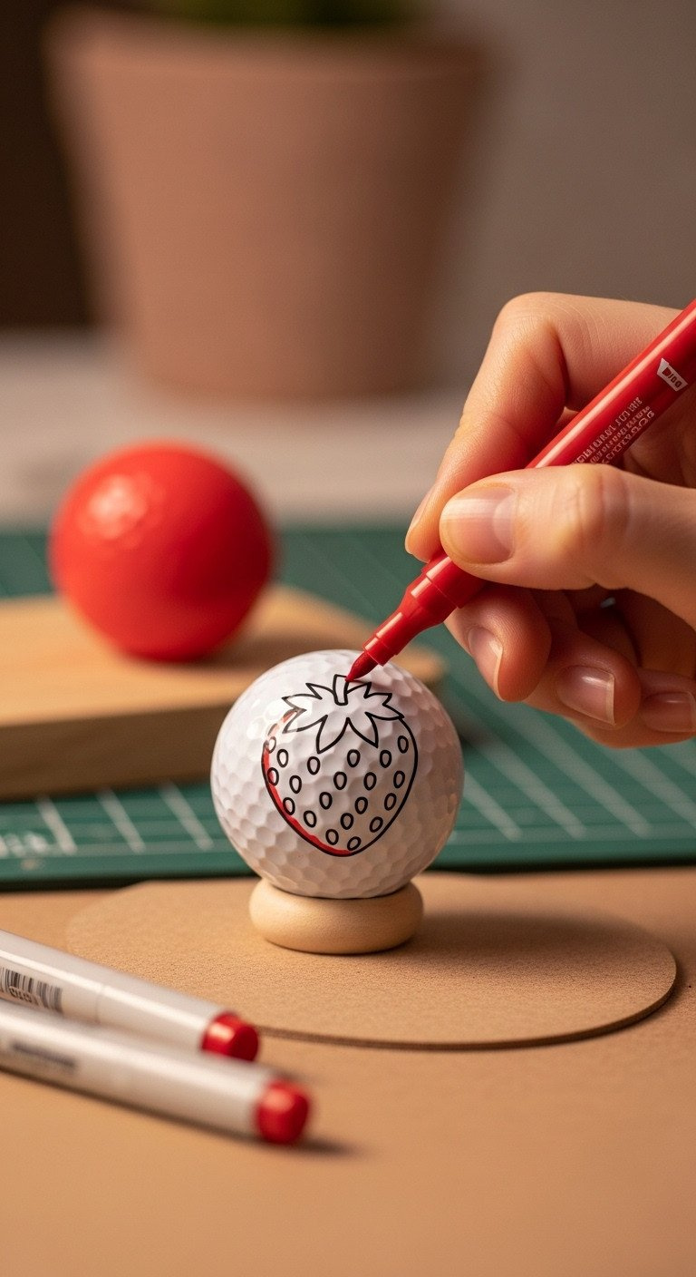 Close-Up Of A Hand Coloring A Strawberry Design On A Golf Ball With A Red Fine-Tip Sharpie In A Cozy Craft Workspace.
