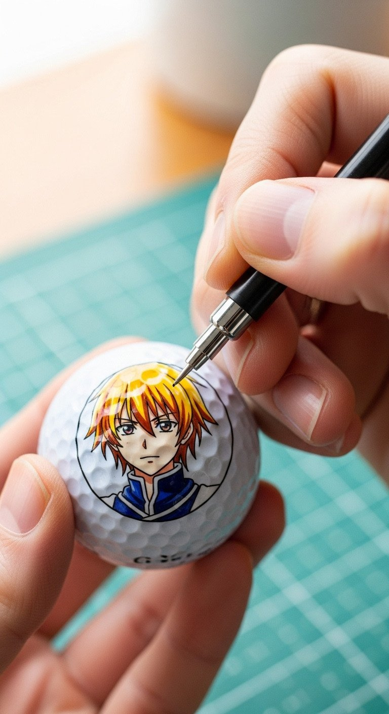 Close-Up Of A Hand Using A Fine-Tip Black Pen To Add Crisp Final Outlines To A Colorful Anime Character On A Golf Ball.
